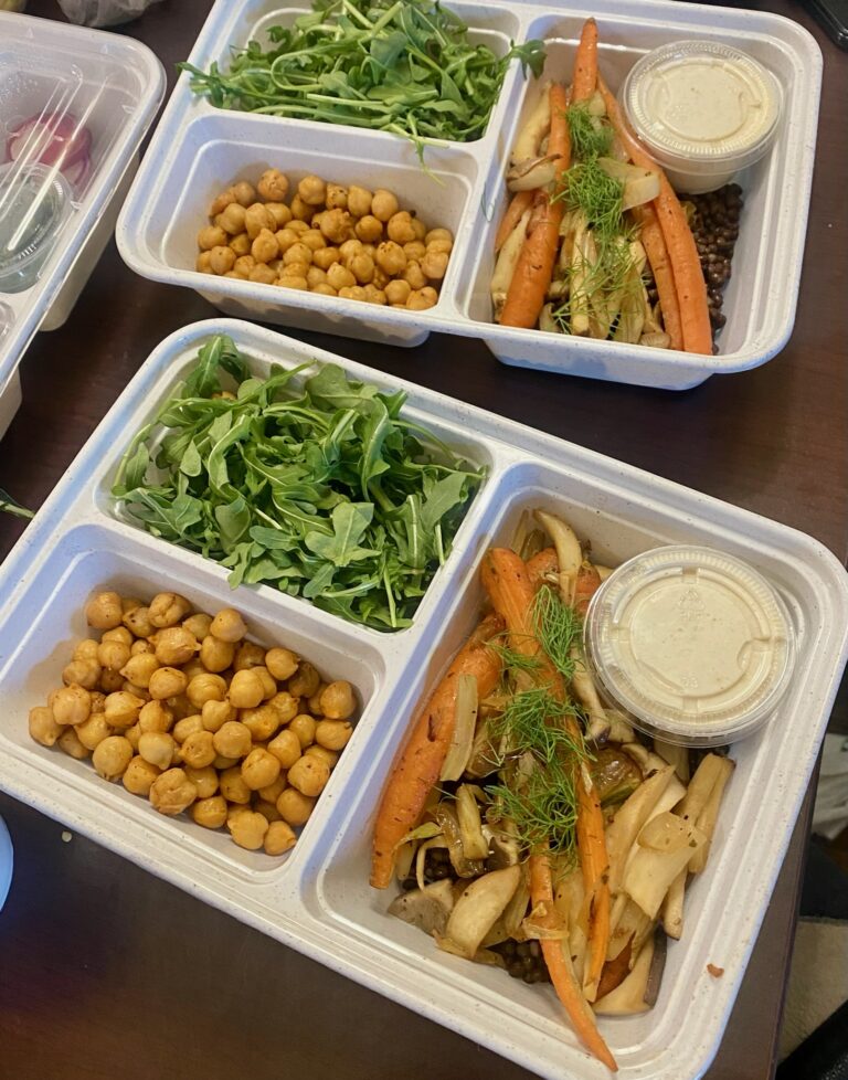 Lentil Sous Vide with Baby Arugula, Roasted Veggies, and Crispy Chickpeas